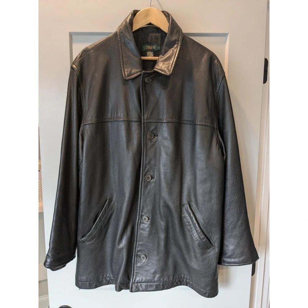 J Crew Oarsman Mens Black Leather‎ Button Front Lined Jacket Size Large READ